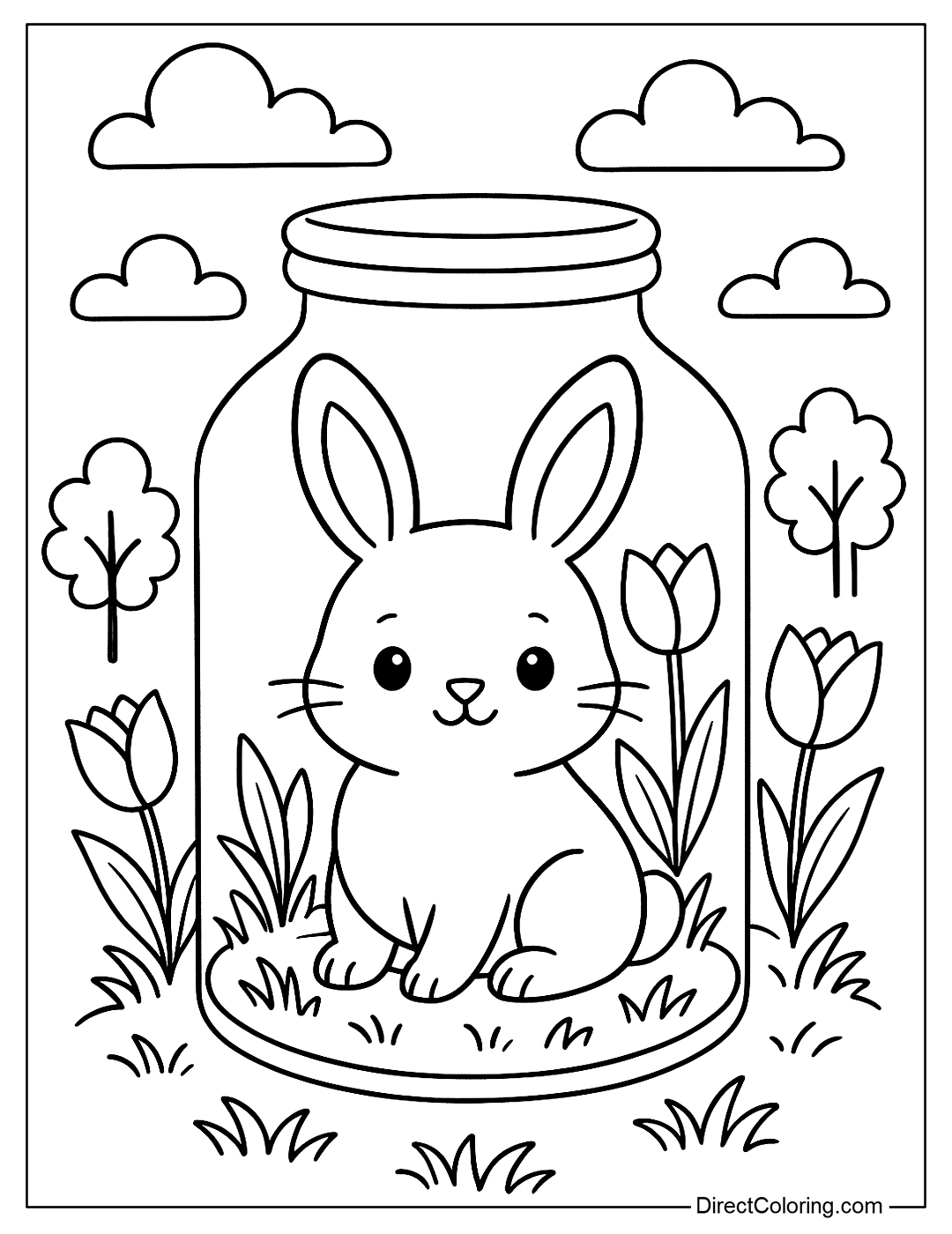 A little bunny sitting on grass in a jar, surrounded by tulips and small plants
